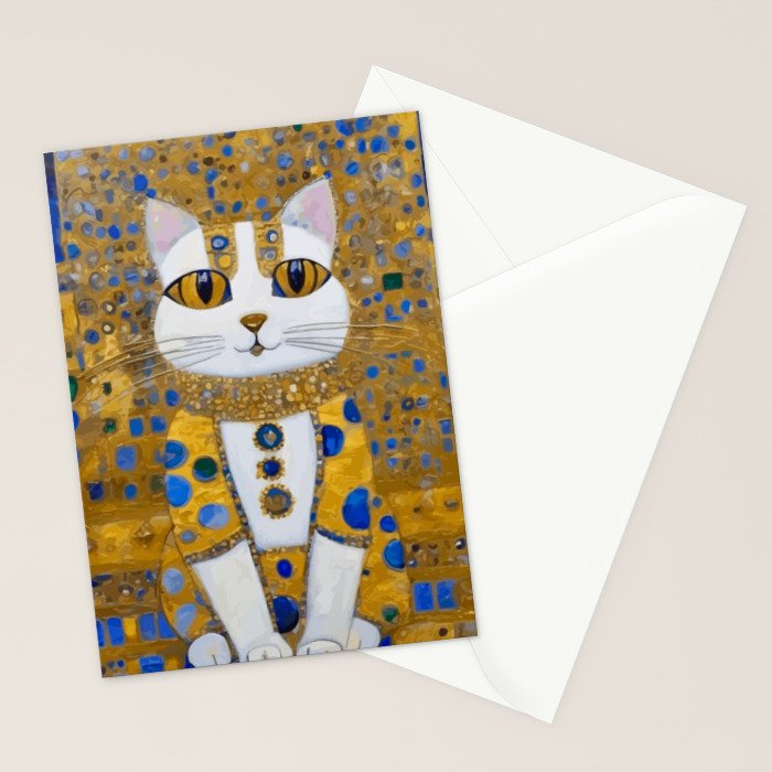 White Klimt Cat with Golden Eyes in Geometric Pattern Stationery Card Gallery Image 2