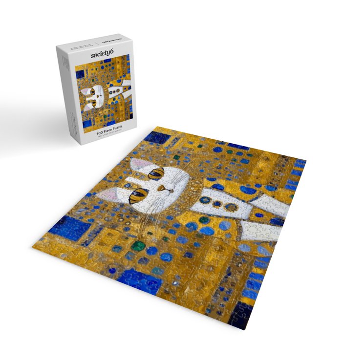 White Klimt Cat with Golden Eyes in Geometric Pattern Jigsaw Puzzle Gallery Image 2