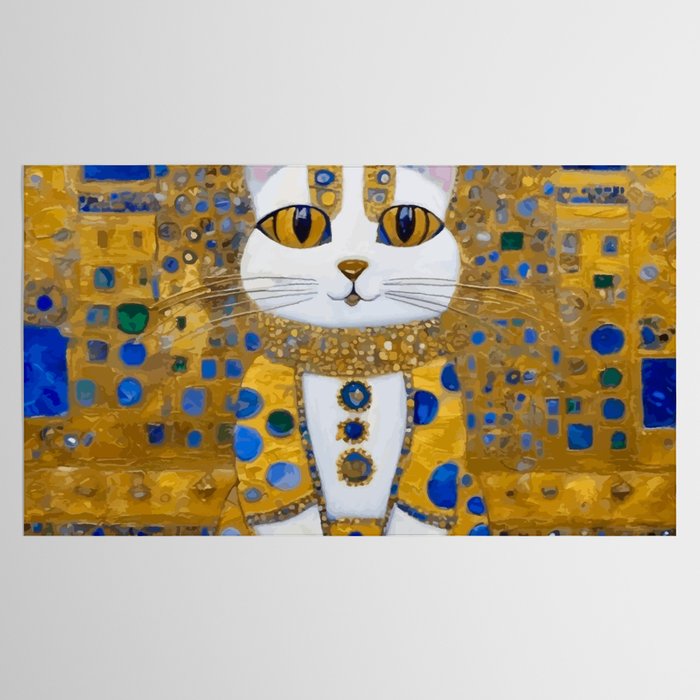 White Klimt Cat with Golden Eyes in Geometric Pattern Tablecloth Gallery Image 2