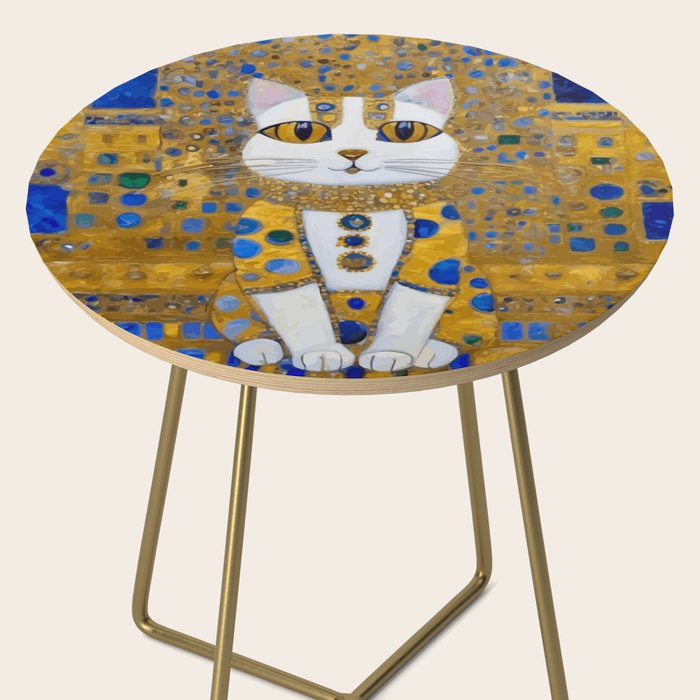 White Klimt Cat with Golden Eyes in Geometric Pattern Side Table Gallery Image 2