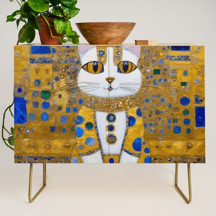 White Klimt Cat with Golden Eyes in Geometric Pattern Credenza Gallery Image 1