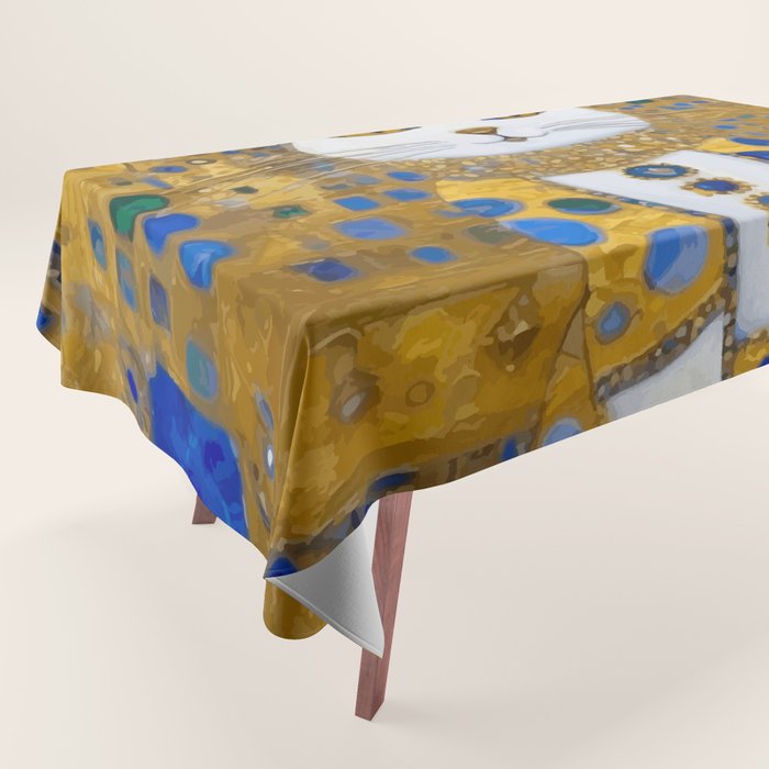 White Klimt Cat with Golden Eyes in Geometric Pattern Tablecloth Gallery Image 1