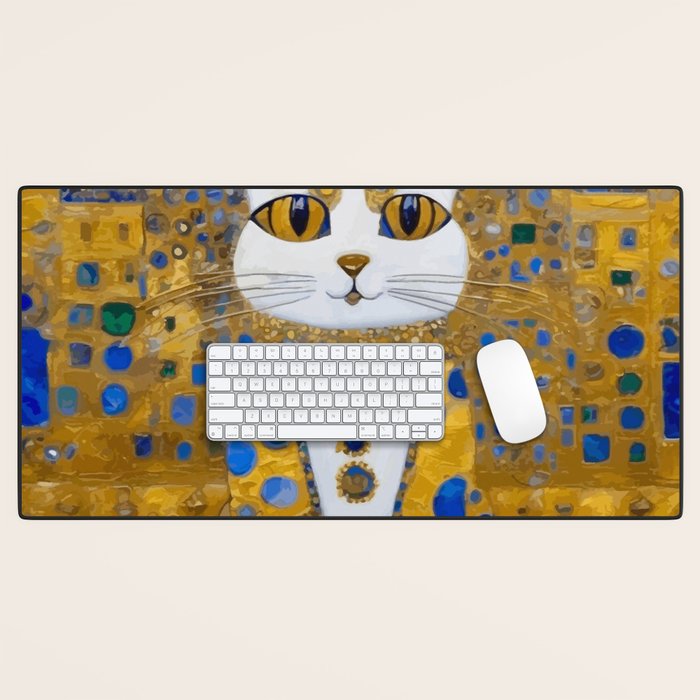 White Klimt Cat with Golden Eyes in Geometric Pattern Desk Mat Gallery Image 1
