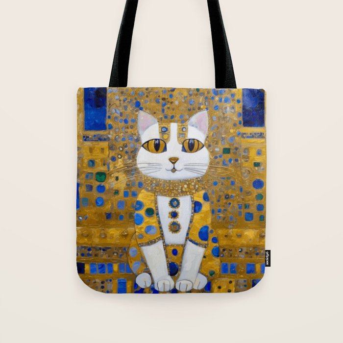 White Klimt Cat with Golden Eyes in Geometric Pattern Tote Bag Gallery Image 1