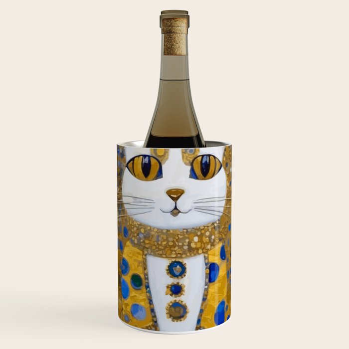 White Klimt Cat with Golden Eyes in Geometric Pattern Wine Chiller Gallery Image 1