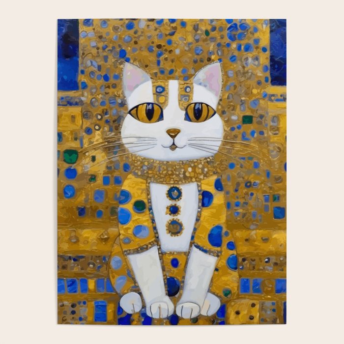 White Klimt Cat with Golden Eyes in Geometric Pattern Poster Gallery Image 1