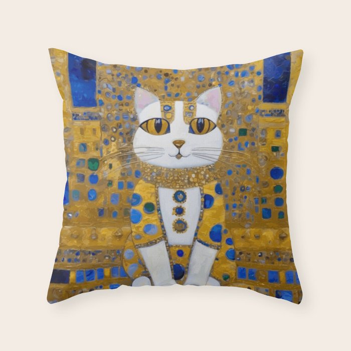White Klimt Cat with Golden Eyes in Geometric Pattern Throw Pillow Gallery Image 1
