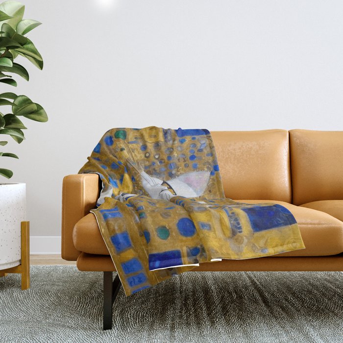 White Klimt Cat with Golden Eyes in Geometric Pattern Throw Blanket Gallery Image 1