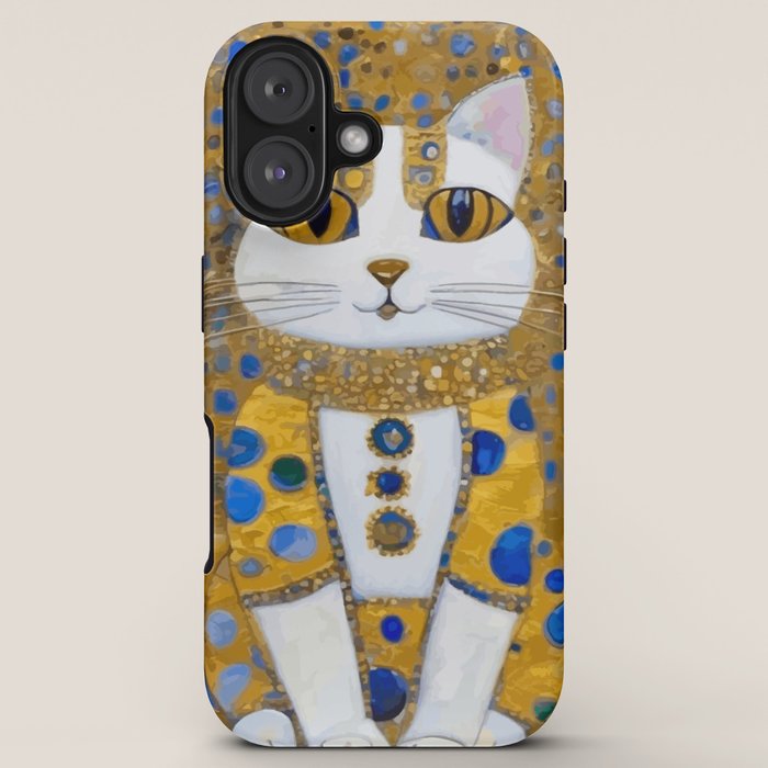 White Klimt Cat with Golden Eyes in Geometric Pattern iPhone Case Gallery Image 5