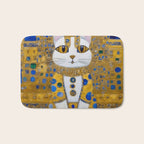 White Klimt Cat with Golden Eyes in Geometric Pattern Bath Mat Gallery Image 1