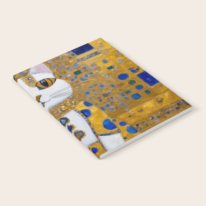 White Klimt Cat with Golden Eyes in Geometric Pattern Notebook Gallery Image 1