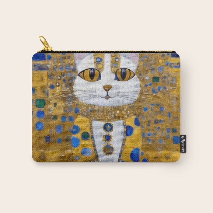 White Klimt Cat with Golden Eyes in Geometric Pattern Carry All Pouch Gallery Image 1