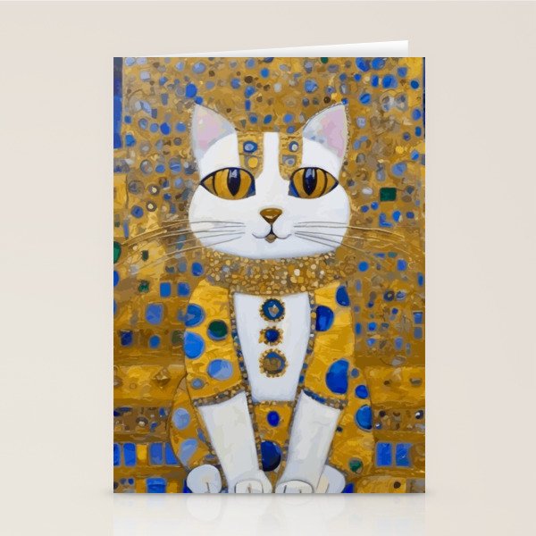 White Klimt Cat with Golden Eyes in Geometric Pattern Stationery Card Gallery Image 2