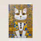 White Klimt Cat with Golden Eyes in Geometric Pattern Stationery Card Gallery Image 2