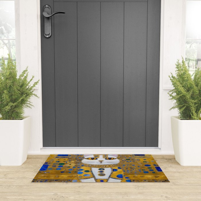 White Klimt Cat with Golden Eyes in Geometric Pattern Welcome Mat Gallery Image 3