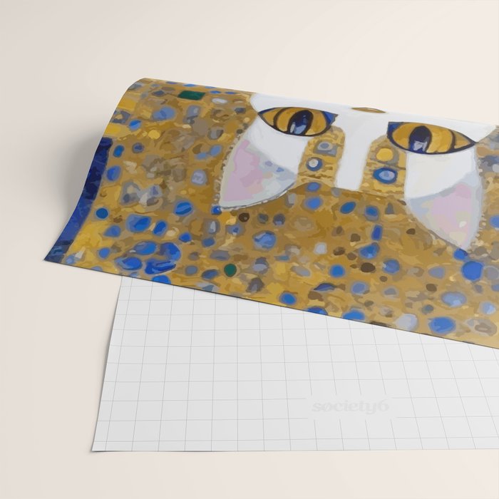 White Klimt Cat with Golden Eyes in Geometric Pattern Wrapping Paper Gallery Image 2