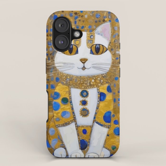 White Klimt Cat with Golden Eyes in Geometric Pattern iPhone Case Gallery Image 1