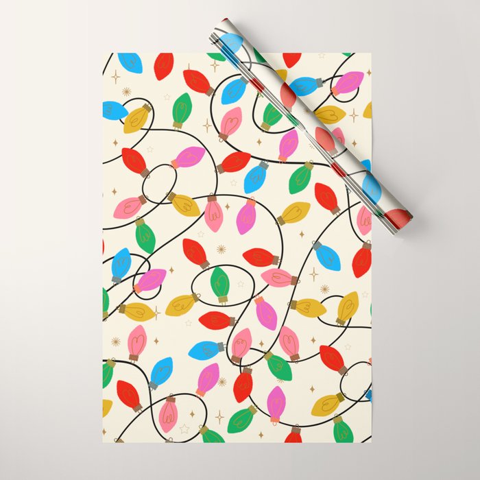 Playful Multicolor Christmas Lights Pattern on Cream Background Wrapping Paper Gallery Image 1