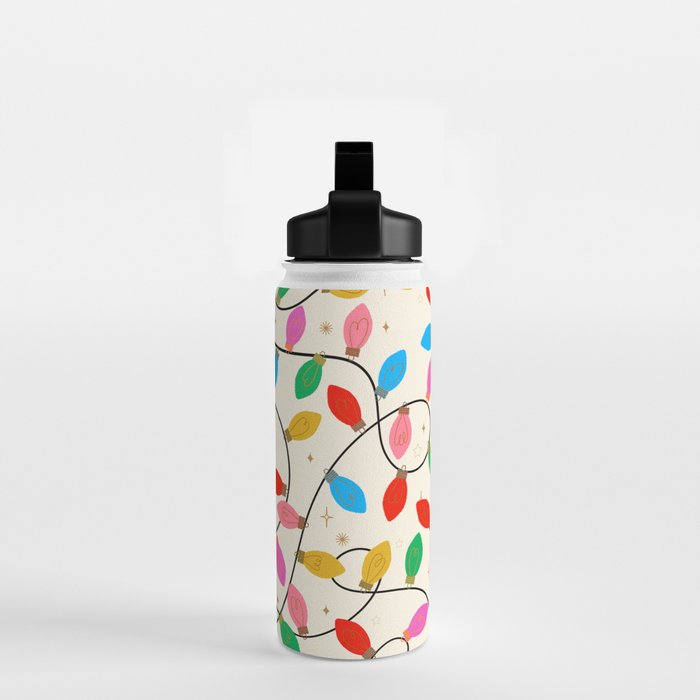 Playful Multicolor Christmas Lights Pattern on Cream Background Water Bottle Gallery Image 2