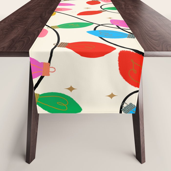 Playful Multicolor Christmas Lights Pattern on Cream Background Table Runner Gallery Image 1