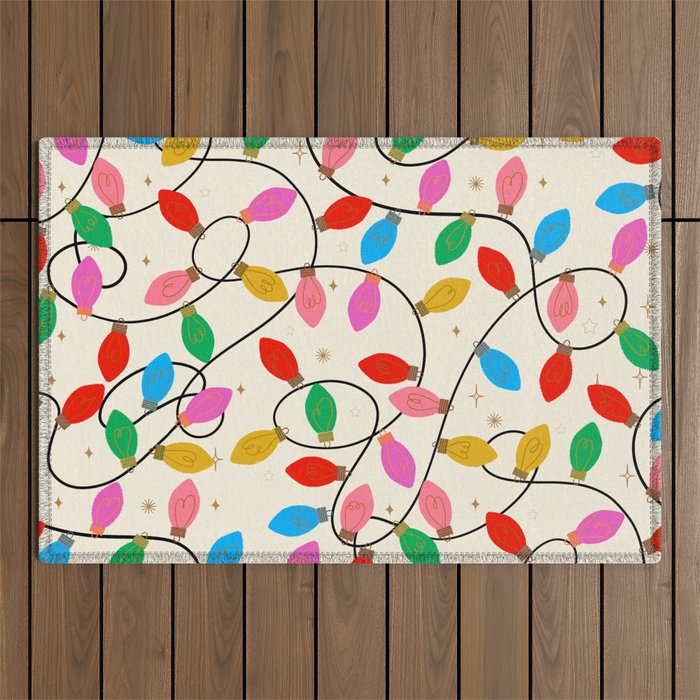 Playful Multicolor Christmas Lights Pattern on Cream Background Outdoor Rug Gallery Image 1