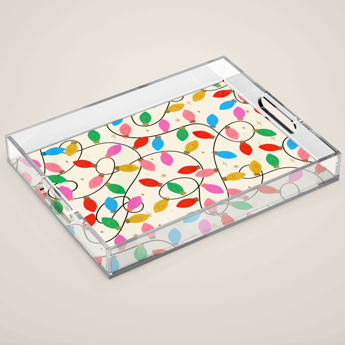 Playful Multicolor Christmas Lights Pattern on Cream Background Acrylic Tray Gallery Image 1