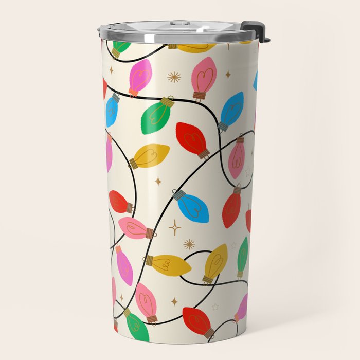 Playful Multicolor Christmas Lights Pattern on Cream Background Travel Mug Gallery Image 2