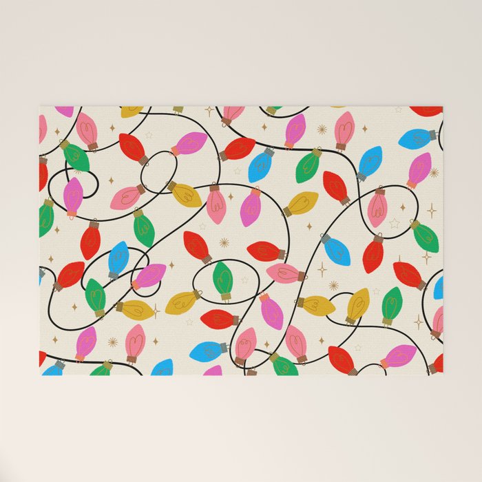 Playful Multicolor Christmas Lights Pattern on Cream Background Welcome Mat Gallery Image 1