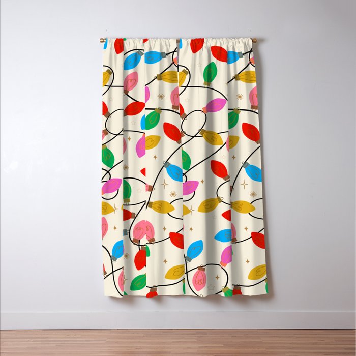 Playful Multicolor Christmas Lights Pattern on Cream Background Window Curtain Gallery Image 3