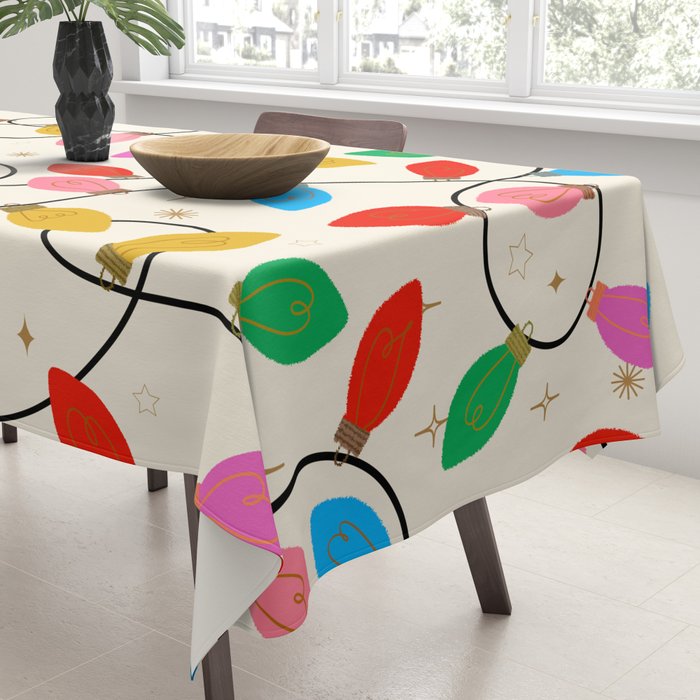Playful Multicolor Christmas Lights Pattern on Cream Background Tablecloth Gallery Image 3