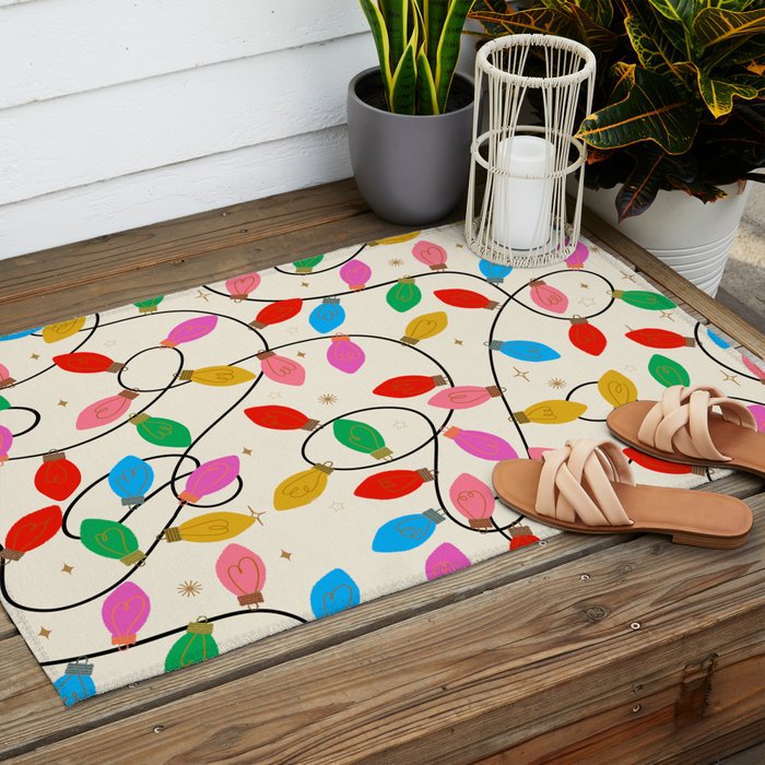 Playful Multicolor Christmas Lights Pattern on Cream Background Outdoor Rug Gallery Image 2