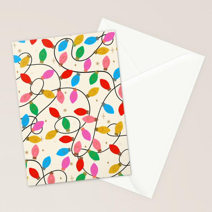 Playful Multicolor Christmas Lights Pattern on Cream Background Stationery Card Gallery Image 2