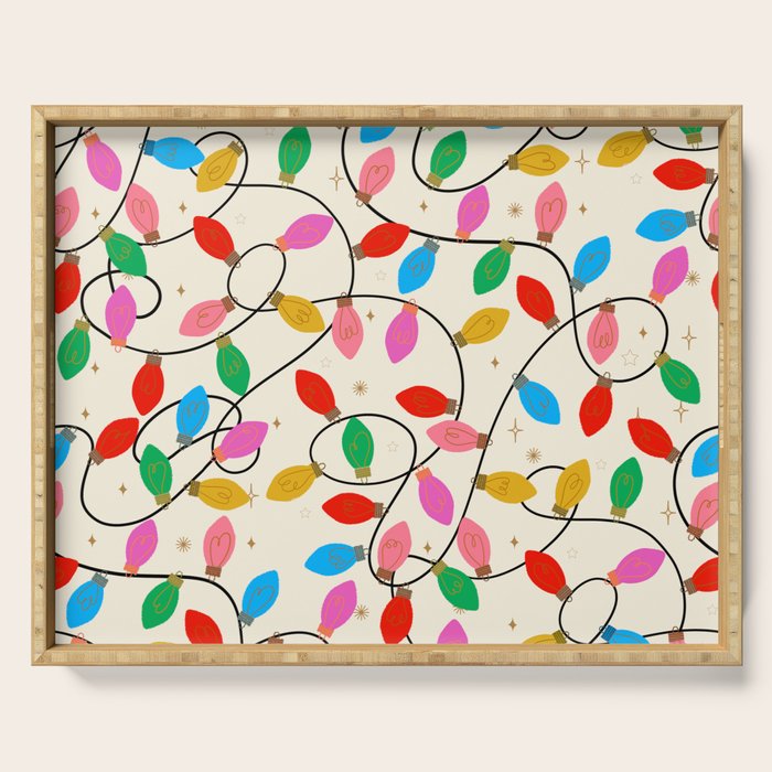 Playful Multicolor Christmas Lights Pattern on Cream Background Serving Tray Gallery Image 1