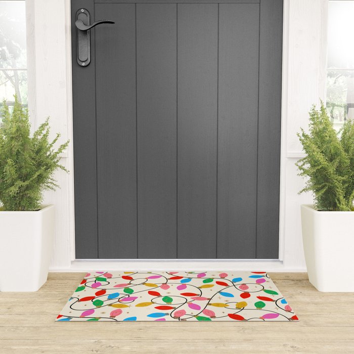 Playful Multicolor Christmas Lights Pattern on Cream Background Welcome Mat Gallery Image 3