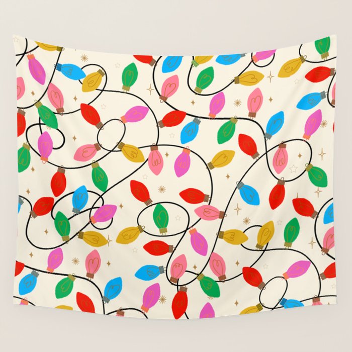 Playful Multicolor Christmas Lights Pattern on Cream Background Wall Tapestry Gallery Image 4