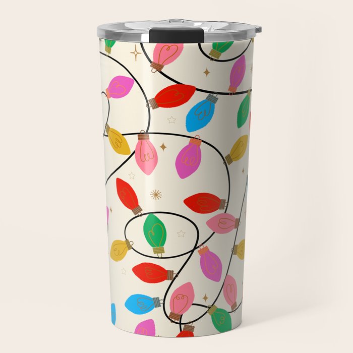 Playful Multicolor Christmas Lights Pattern on Cream Background Travel Mug Gallery Image 1