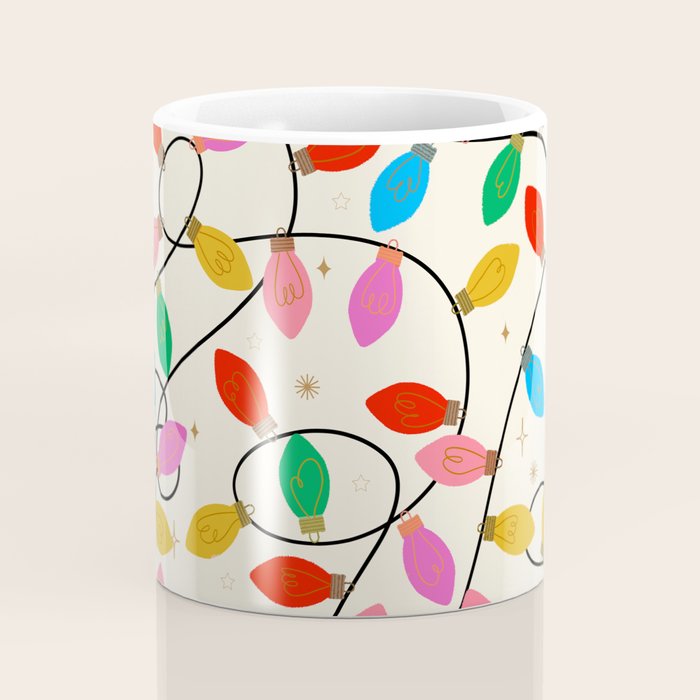 Playful Multicolor Christmas Lights Pattern on Cream Background Coffee Mug Gallery Image 4