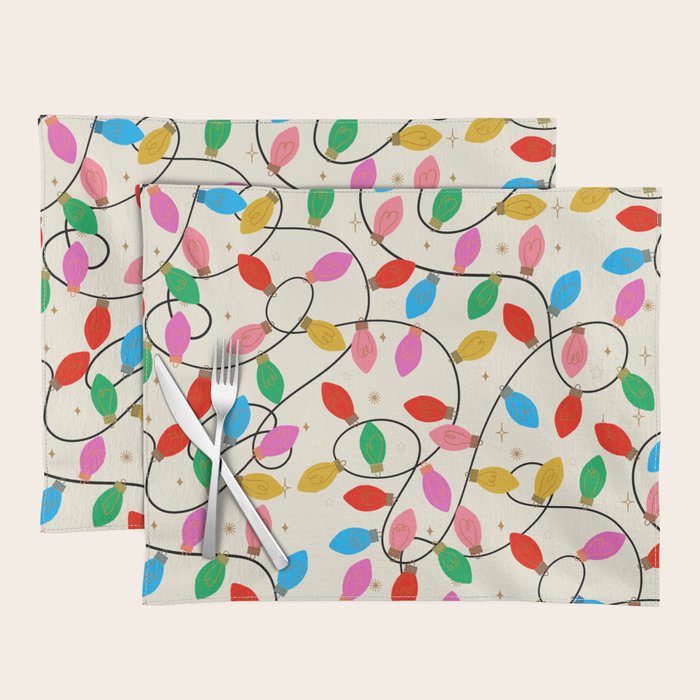 Playful Multicolor Christmas Lights Pattern on Cream Background Placemat Gallery Image 1