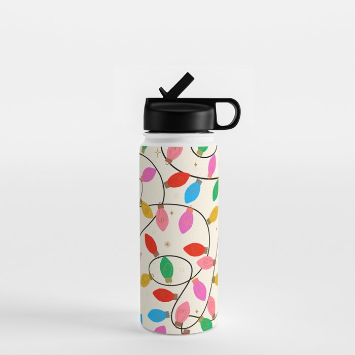 Playful Multicolor Christmas Lights Pattern on Cream Background Water Bottle Gallery Image 1