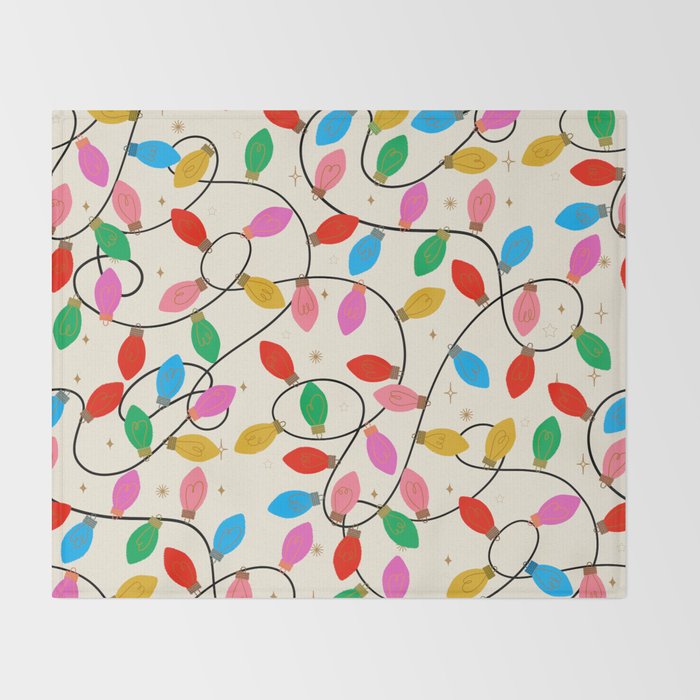 Playful Multicolor Christmas Lights Pattern on Cream Background Throw Blanket Gallery Image 2