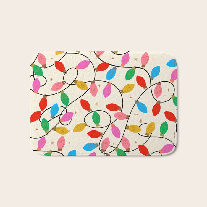 Playful Multicolor Christmas Lights Pattern on Cream Background Bath Mat Gallery Image 1