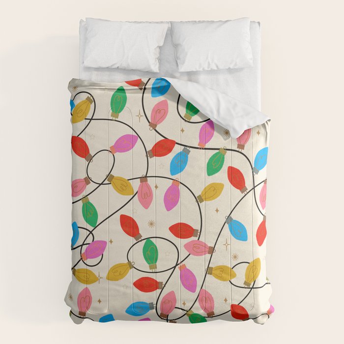 Playful Multicolor Christmas Lights Pattern on Cream Background Comforter Gallery Image 6