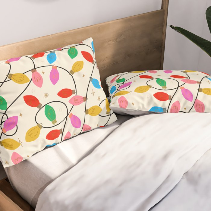 Playful Multicolor Christmas Lights Pattern on Cream Background Pillow Sham Gallery Image 2