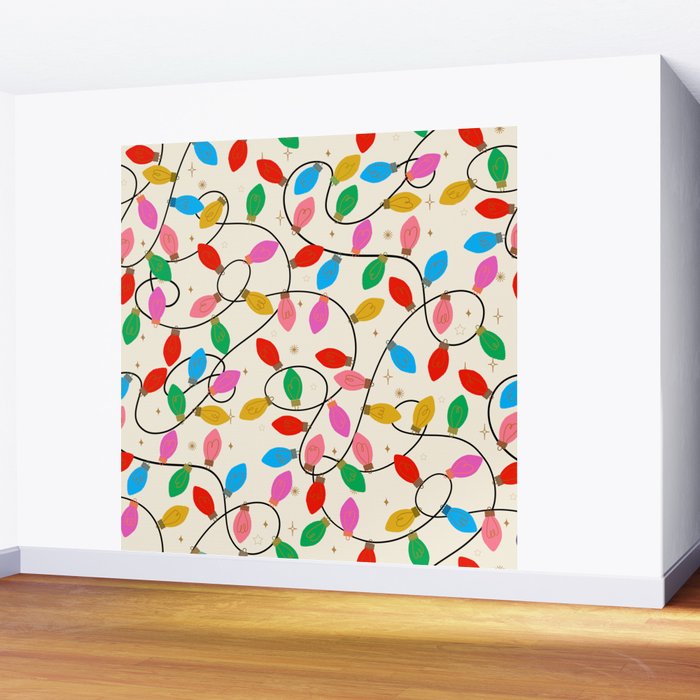 Playful Multicolor Christmas Lights Pattern on Cream Background Wall Mural Gallery Image 2