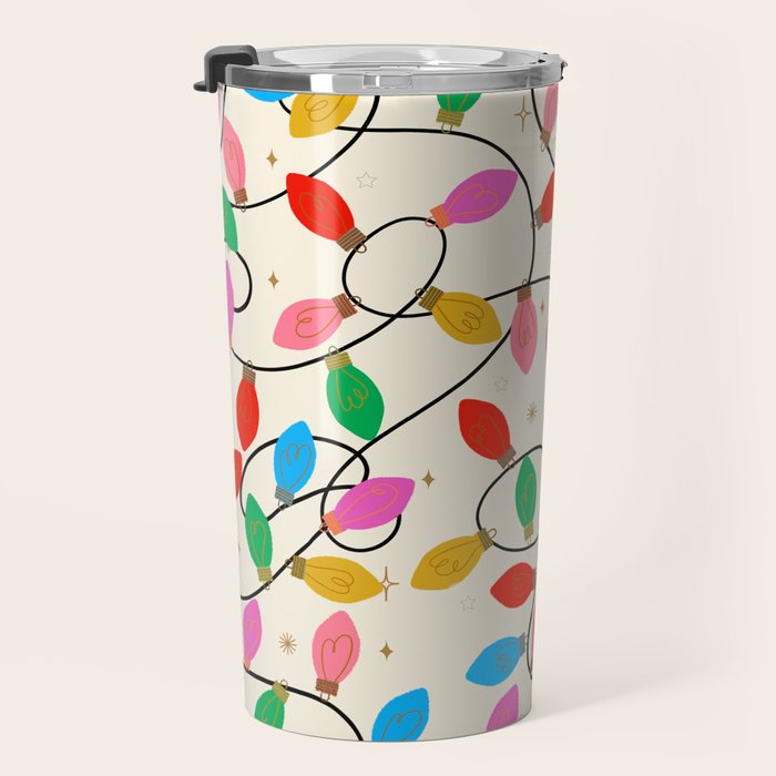 Playful Multicolor Christmas Lights Pattern on Cream Background Travel Mug Gallery Image 3