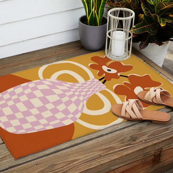 Checkered retro flower pot  Outdoor Rug Gallery Image 2