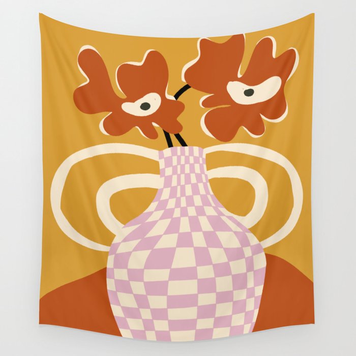 Checkered retro flower pot  Wall Tapestry Gallery Image 1