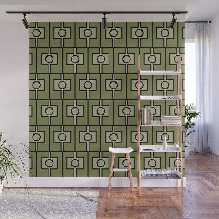 Mid Century Modern Rektangel Geometric Pattern in Vintage Green and Celadon Wall Mural Gallery Image 1