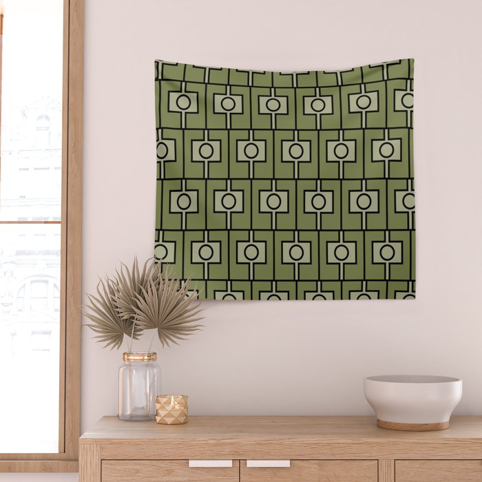Mid Century Modern Rektangel Geometric Pattern in Vintage Green and Celadon Wall Tapestry Gallery Image 2