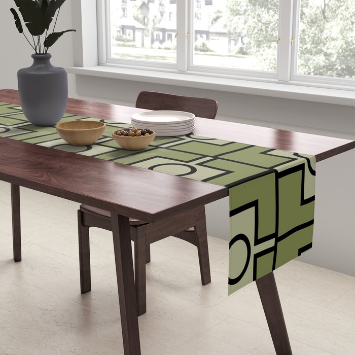 Mid Century Modern Rektangel Geometric Pattern in Vintage Green and Celadon Table Runner Gallery Image 2